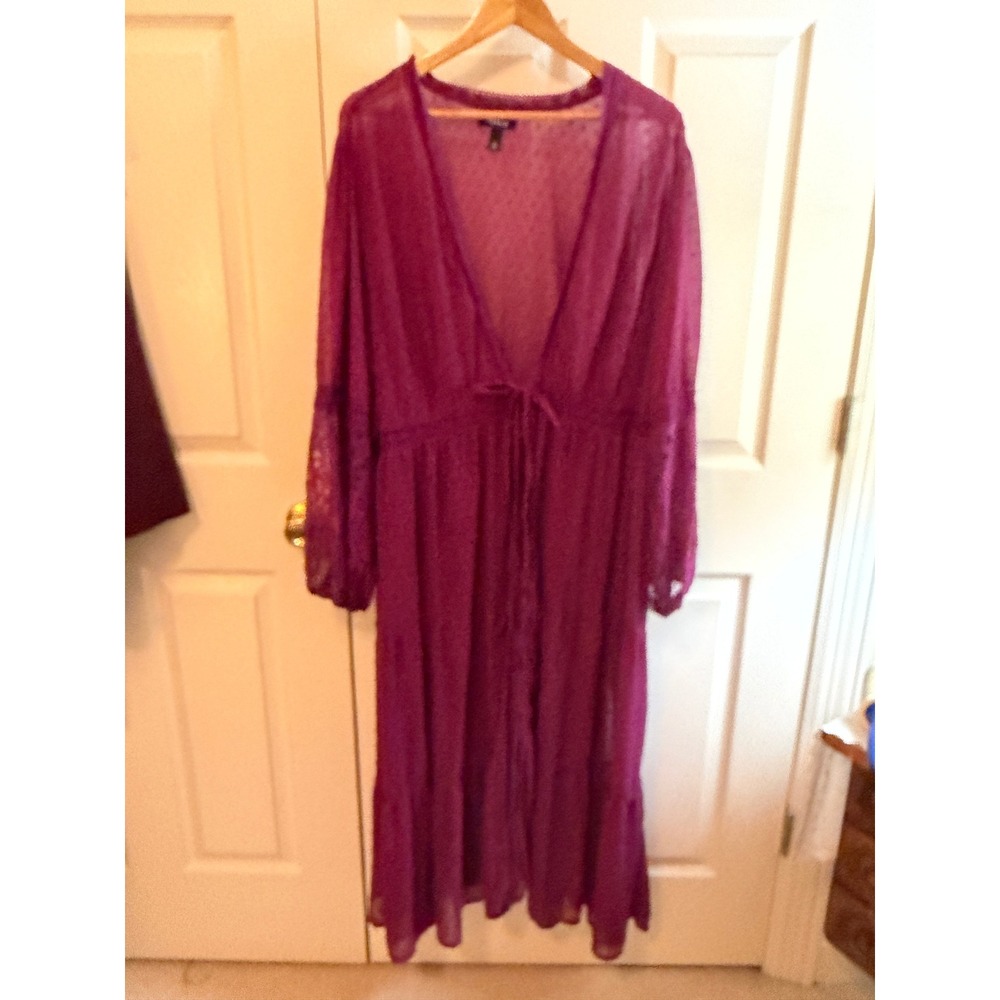Torrid Purple Swiss Dot Lace Sleeve Maxi Duster Kimono Tie Front Size 5 5X